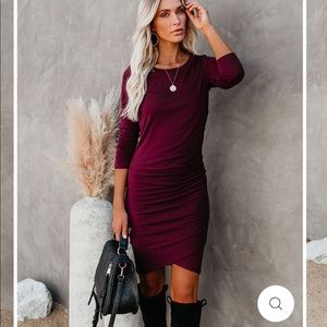 Long sleeve rouged knit dress in wine color ♥️